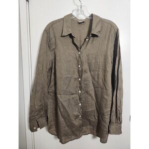 J.Jill Long Sleeve Linen‎ Button-Down Shirt Olive Green Med Beach Resort Summer